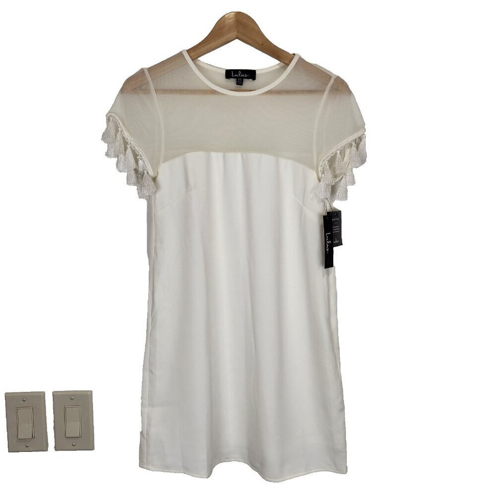 Lulu's NWT Iced Latte Mini Shift Dress XS Ivory Tassel Trim Sheer Inset Party